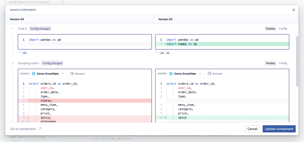 Diff view modal that's brought up when you update a component