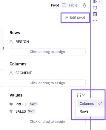 Transpose values in the Edit pivot panel