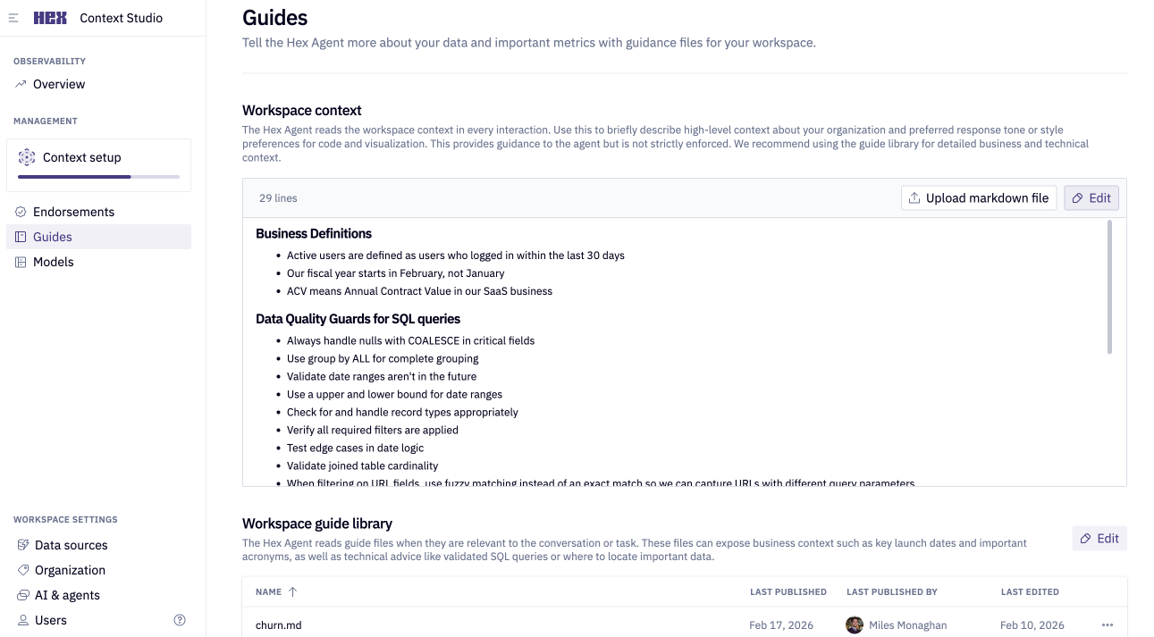 Guides are available from the context studio
