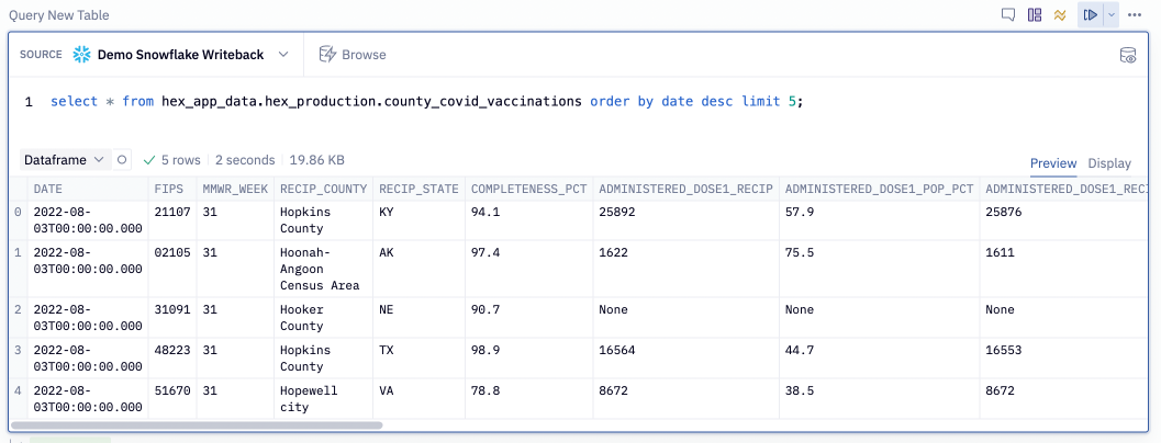 Hex UI querying existing table