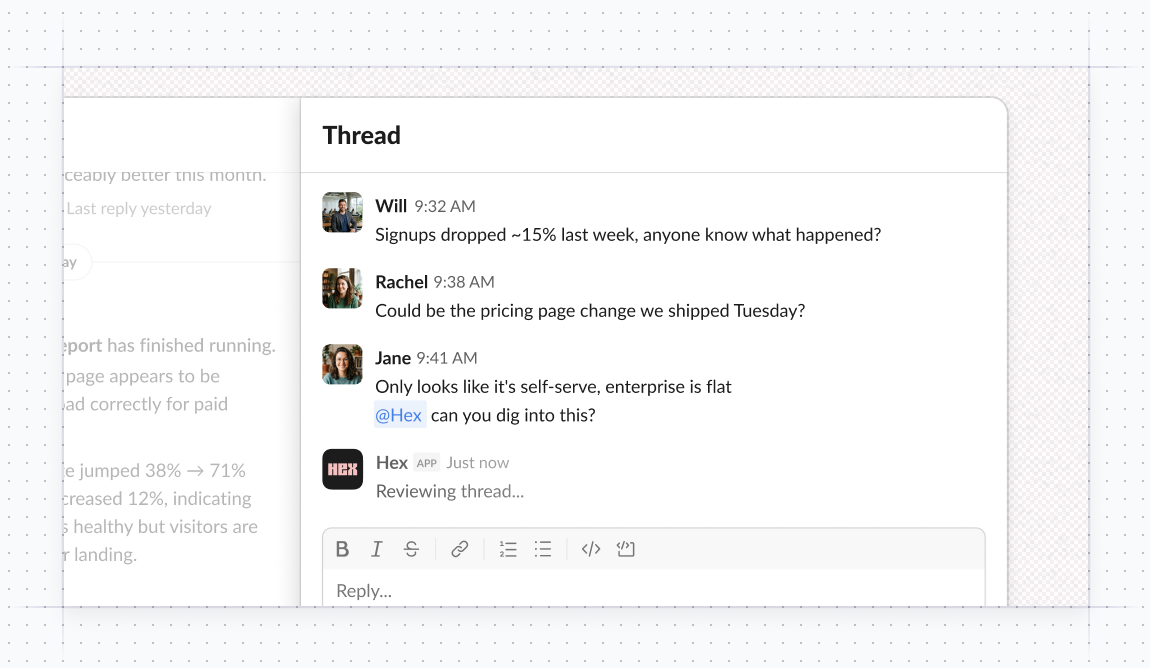 The Hex Agent reads the whole Slack thread