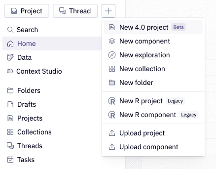The + menu on the Hex home page, with New 4.0 project highlighted at the top