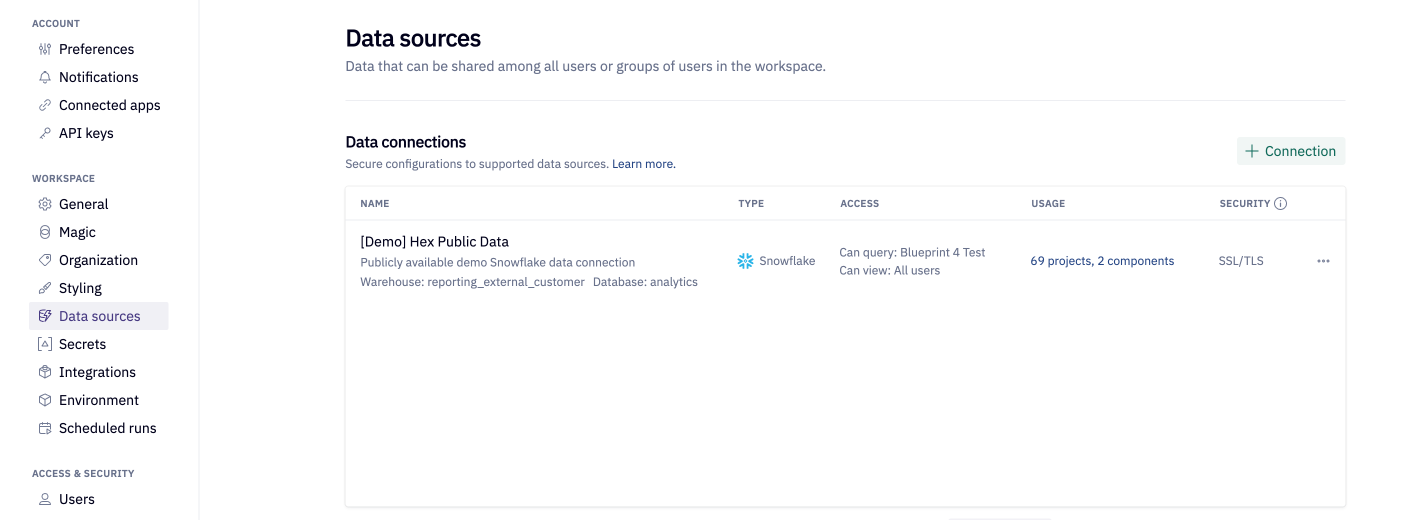 Settings page for data sources
