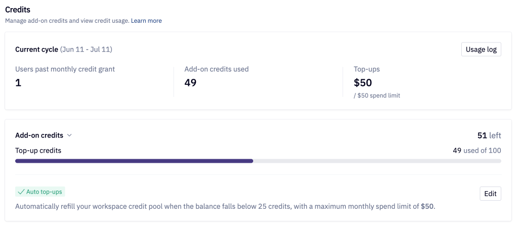 Admins can manage credits and view usage in the Credits settings