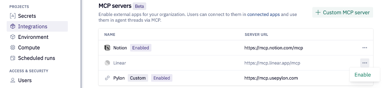 Admins connecting MCP Server
