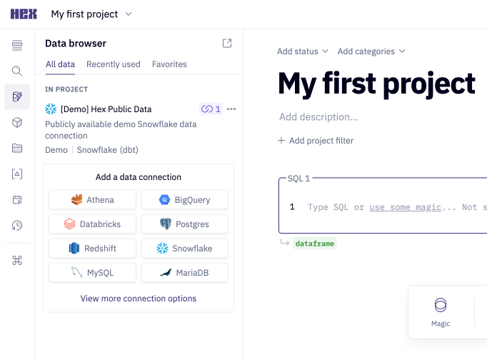 Data browser sidebar in a Hex project showing Demo Snowflake Data Connection and options to connect your own data warehouse