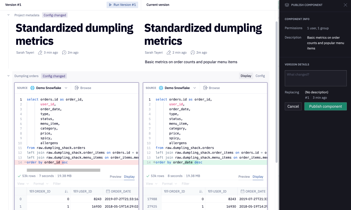Diff view when publishing component