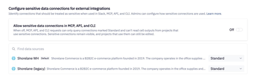 Configure sensitive data connections for external integrations, with Allow sensitive data connections in MCP, API, and CLI turned off