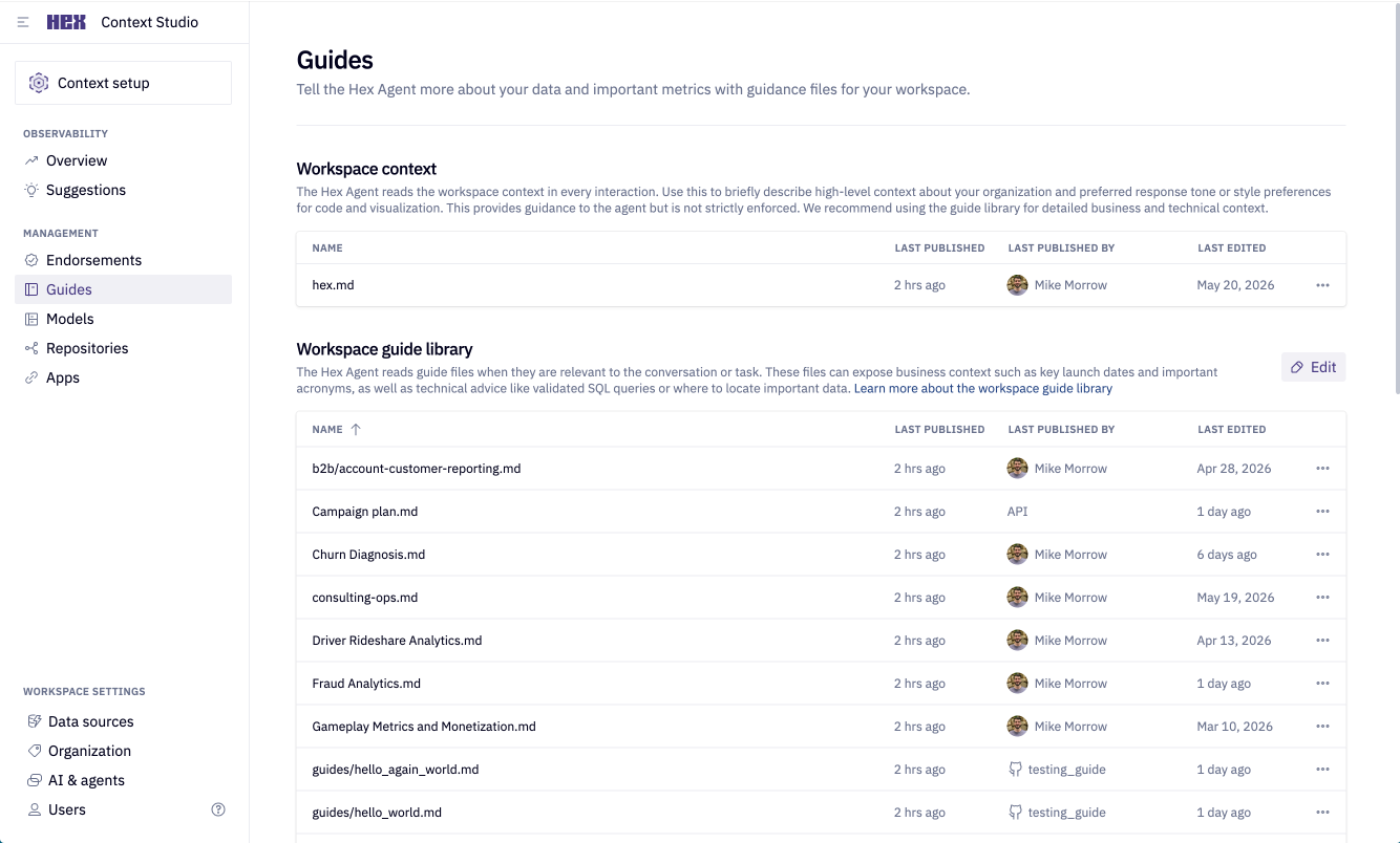 Guides are available from the context studio