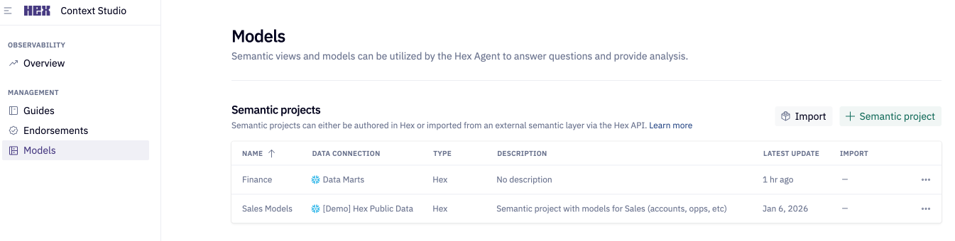 Access Semantic Models from the context studio