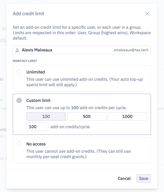 Admins can set limits at the workspace, group, and user levels