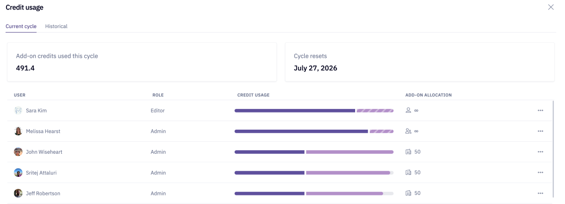 Usage log Current cycle tab showing each user's credit consumption for the active billing period