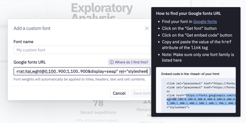Modal demonstrating how to import a google font via url