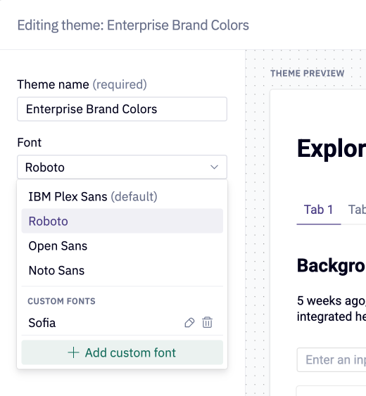 Custom app theme creation modal with the custom font drop-down menu open.