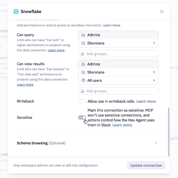 Sensitive toggle on a data connection