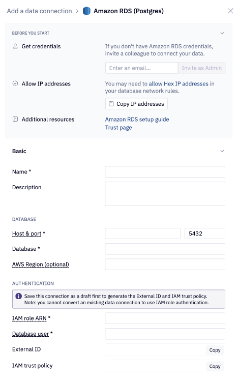 Amazon RDS data connection form