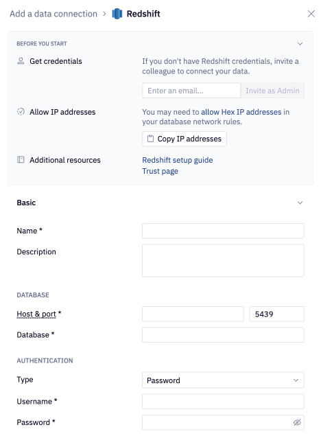 Redshift data connection form