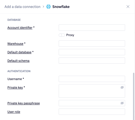 Snowflake data connection database and authentication credentials
