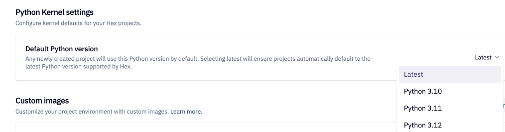 Configuration panel in Hex admin settings showing the default python version values.
