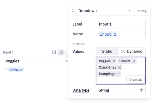 Dropdown input parameter with static input settings open