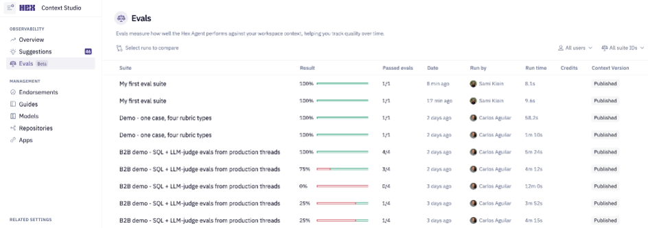 The Evals homepage in Context Studio showing run results and per-case outcomes