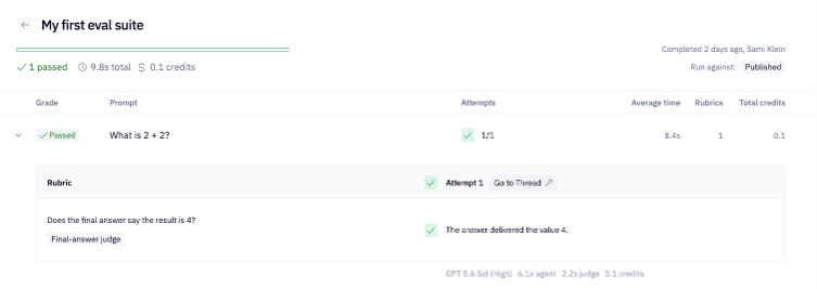 The Evals page in Context Studio showing run results and per-case outcomes