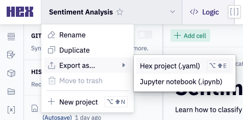 Export a Hex project as a `.yaml` file.