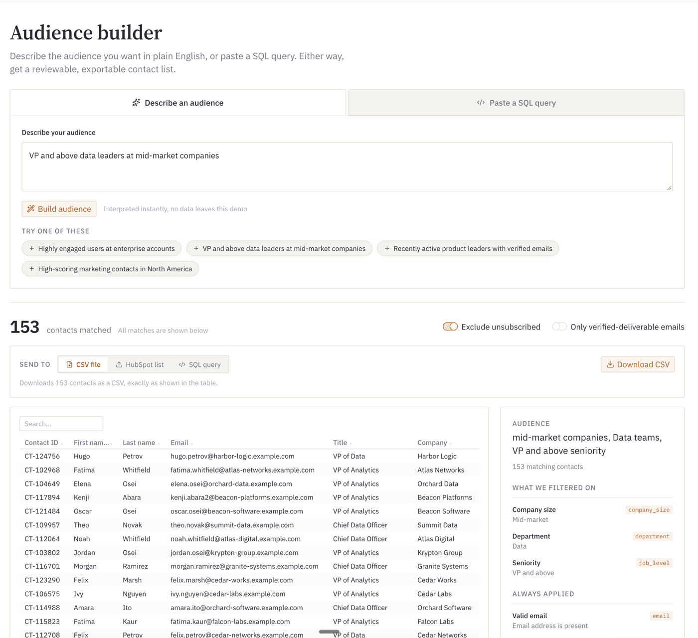 Light-theme Audience builder with Describe an audience and Paste a SQL query tabs, a matched contacts table, and an audience summary panel