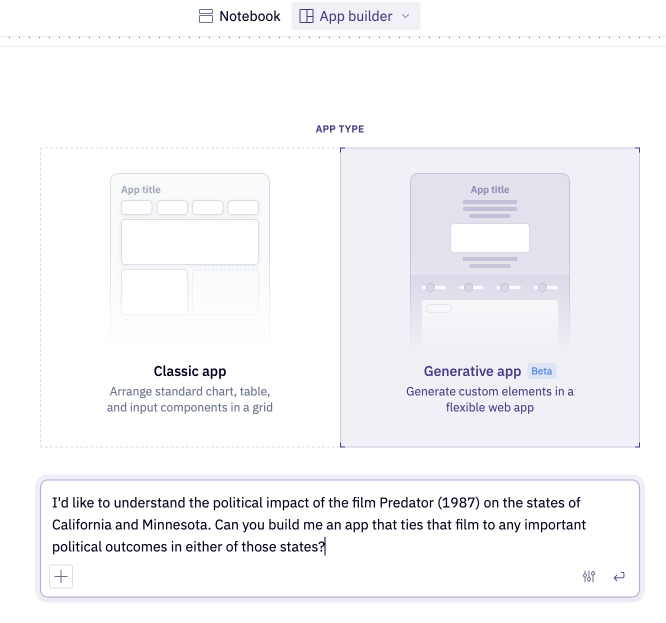 App builder empty state with Classic app and Generative app cards, Generative app selected, and an example prompt in the prompt bar