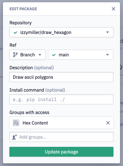 Add a package from a connected GitHub repository and configure the import parameters.