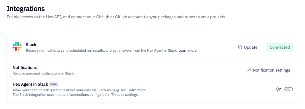 Hex Agent in Slack toggle