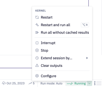 Kernel Actions menu with restart, run, interrupt, stop, and clear outputs.