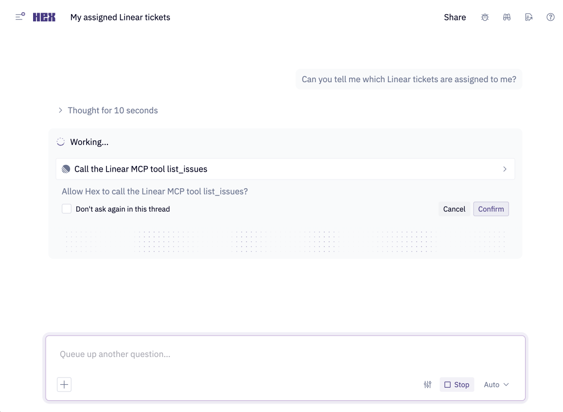 Linear tool call in Threads chat