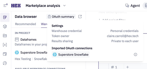 OAuth summary showing personal credentials, token owner, and results sharing set to private to each user