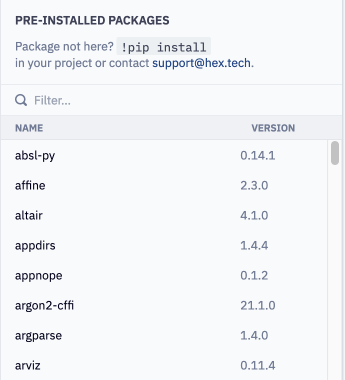 Default packages are listed in the Environment tab of the left side bar