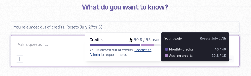 Warning populates above all prompt bars once 80% of monthly credit allocation has been consumed
