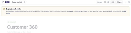 Expired credentials banner on a published app asking the publisher to refresh them in Settings → Connected Apps