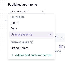 App settings sidebar showing the app theme dropdown open with system default selected.