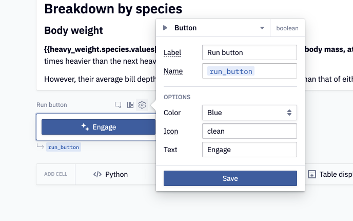 Run button input with color, icon, and label settings