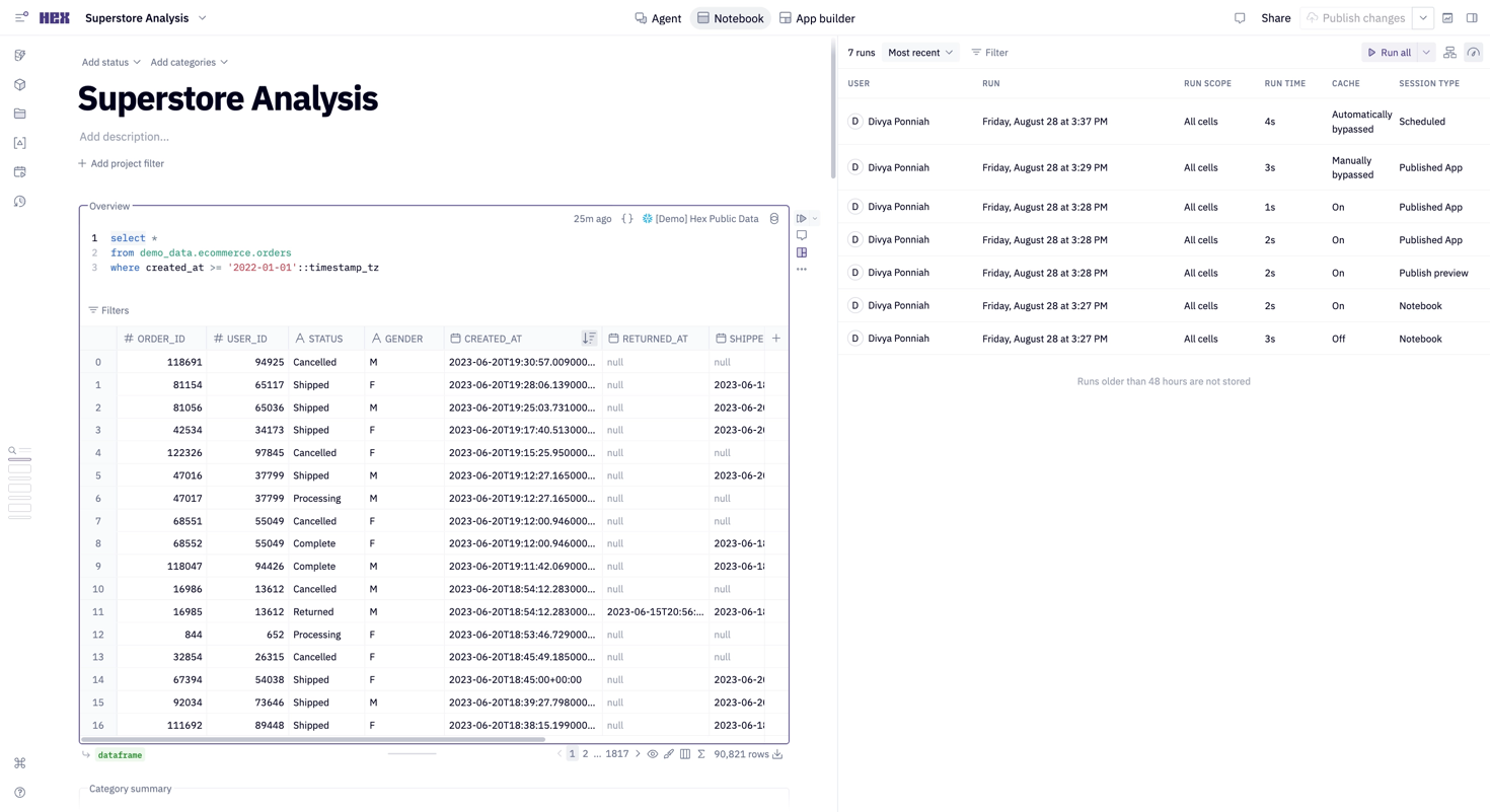 Run stats panel open beside a notebook, listing seven runs with user, run time, cache, and session type