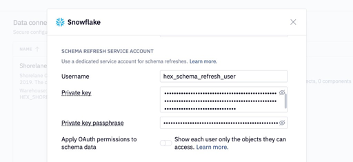 Snowflake schema refresh service account fields and Apply OAuth permissions to schema data toggle