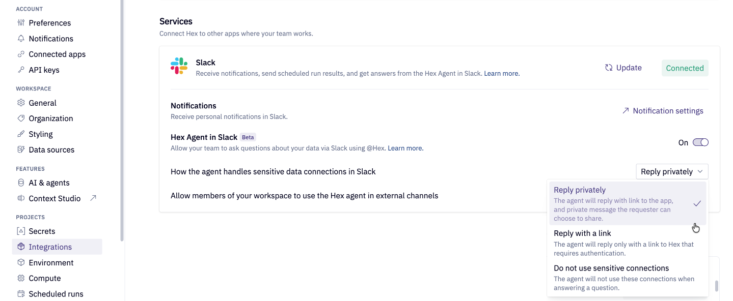 How the agent handles sensitive data connections in Slack