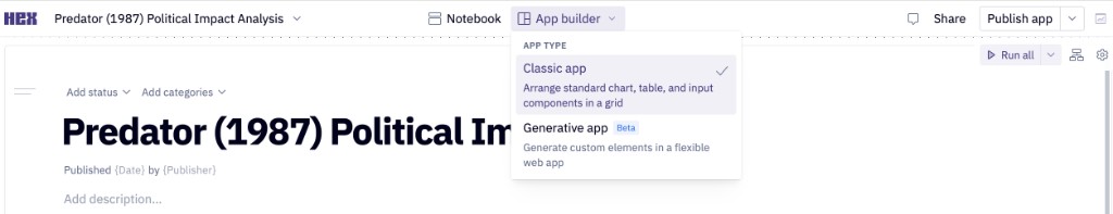 App builder tab open with the App type menu showing Classic app and Generative app options