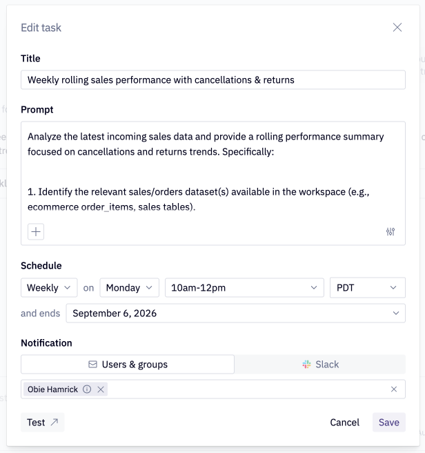 The Task editor showing title, prompt, schedule, and notification configuration