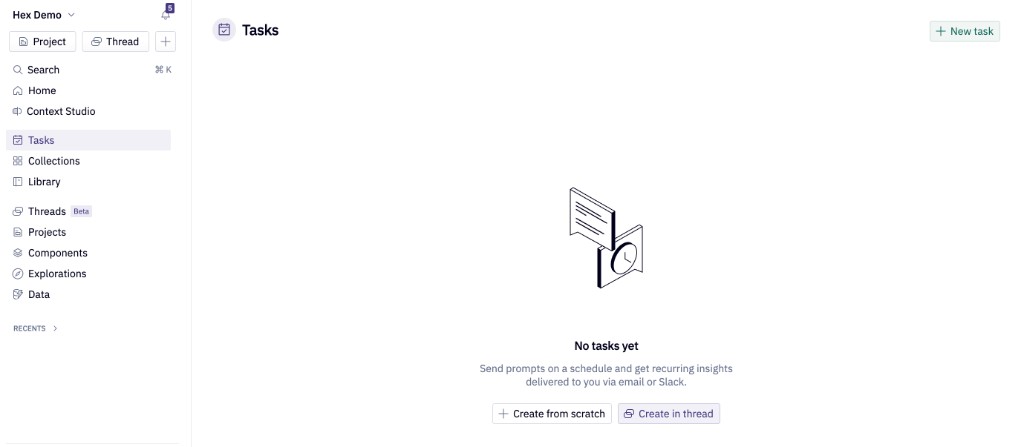 The Tasks page with options to create a new task from scratch or from a thread