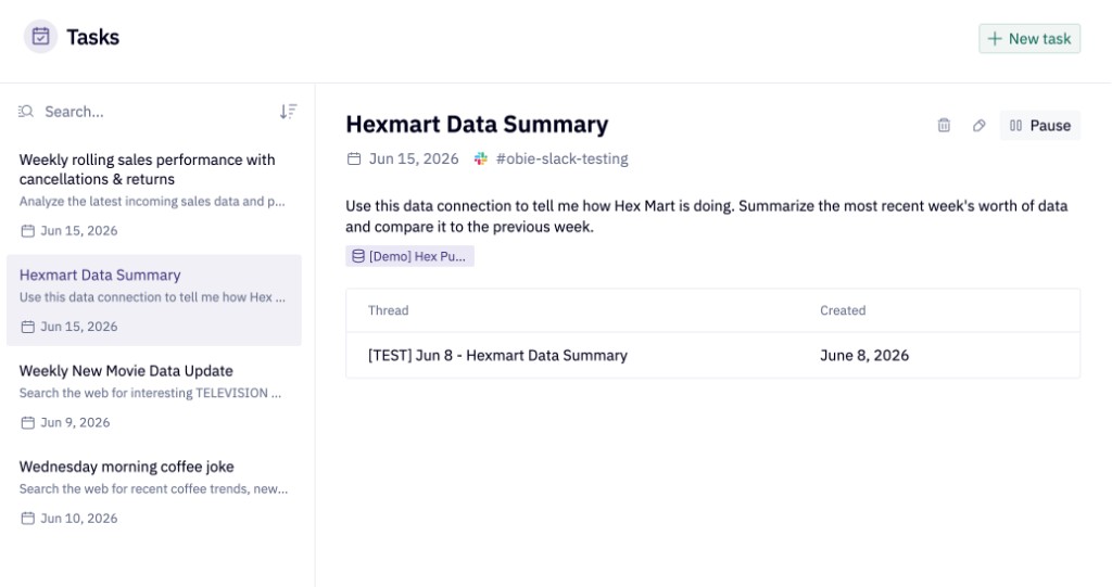 The Tasks page showing a list of scheduled tasks and the detail view for a selected task
