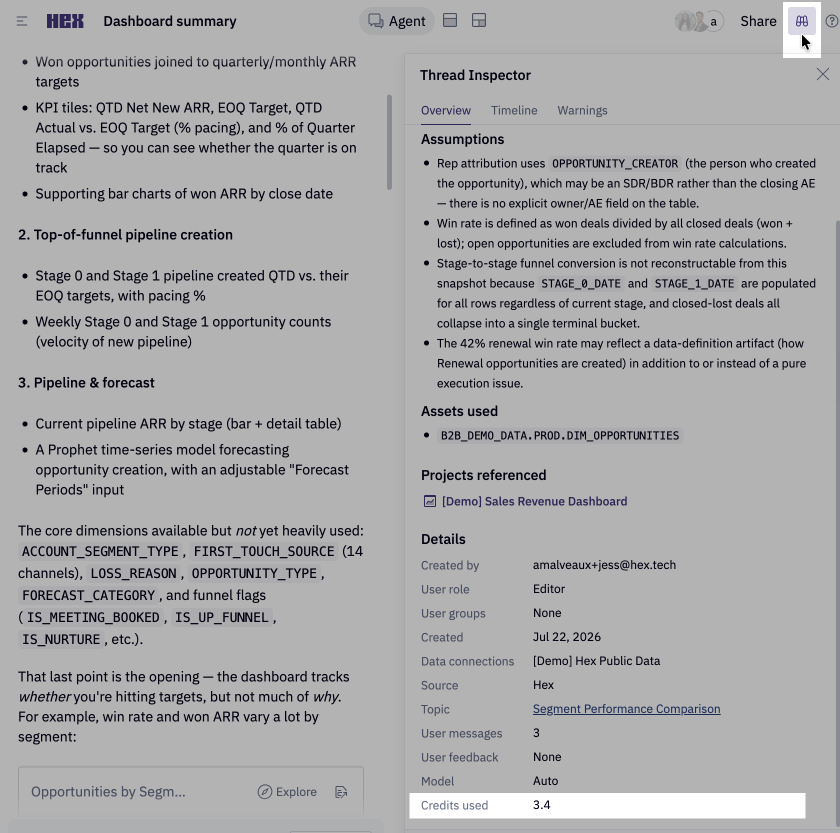 Users can view credit consumption at the the Thread level via the Thread inspector in the top right.