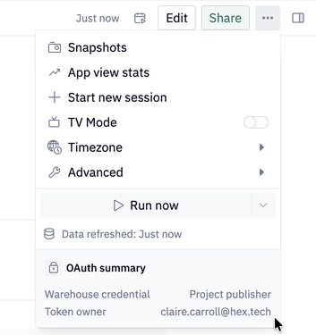 OAuth summary in the published app menu showing Project publisher as the warehouse credential and token owner