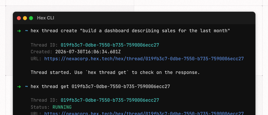 Terminal screenshot showing `hex thread create` running and returning a project link