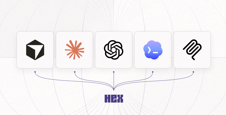 Hex's logo at the center with spokes out to Cursor, Claude, ChatGPT, Codex, and MCP icons